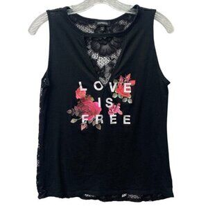 Express Womens Sz Medium Lace Back Love Is Free Spellout Floral Tank Top Blouse